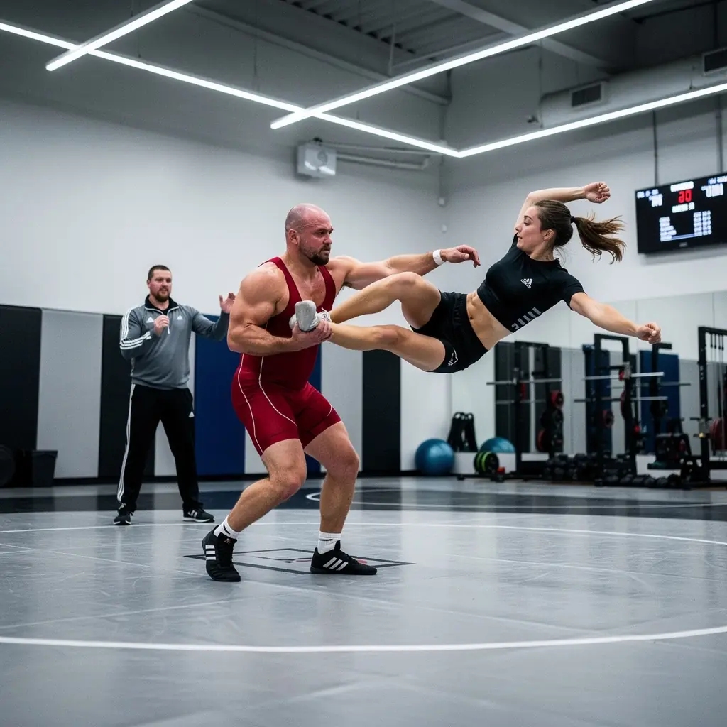 Egy csoport diák grappling technikákat tanul, miközben egy tapasztalt edző irányítja őket.